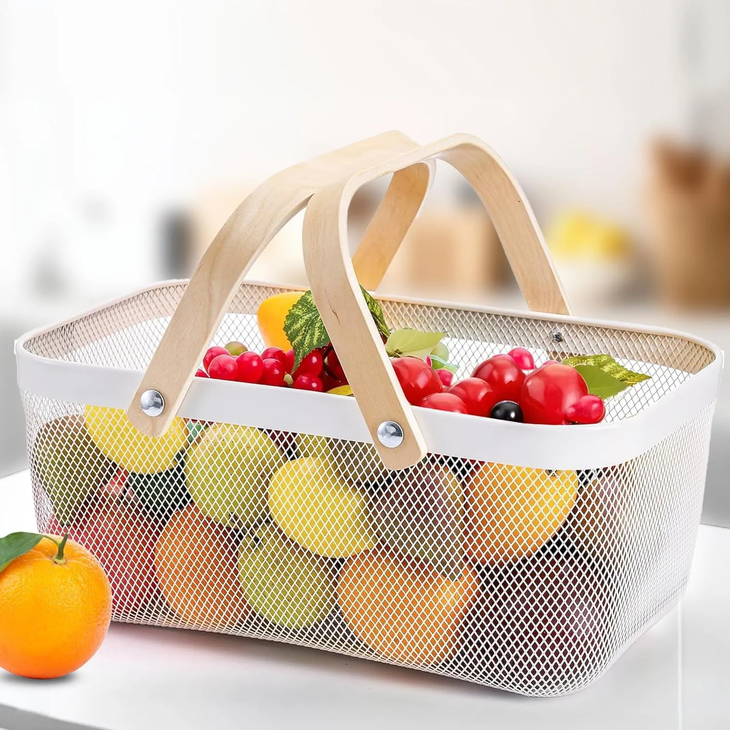 Homestic Metal Mesh Basket for Storage with wooden handle| 720gm | Fruit Basket and Vegetable Basket for Kitchen | Kitchen Organizer | Baskets for Organizing Home | White | Multipurpose |