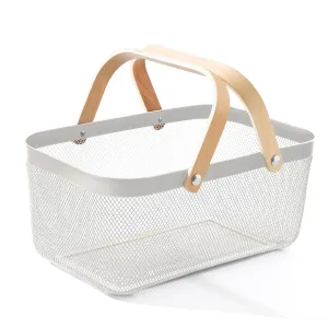 Homestic Metal Mesh Basket for Storage with wooden handle| 720gm | Fruit Basket and Vegetable Basket for Kitchen | Kitchen Organizer | Baskets for Organizing Home | White | Multipurpose |