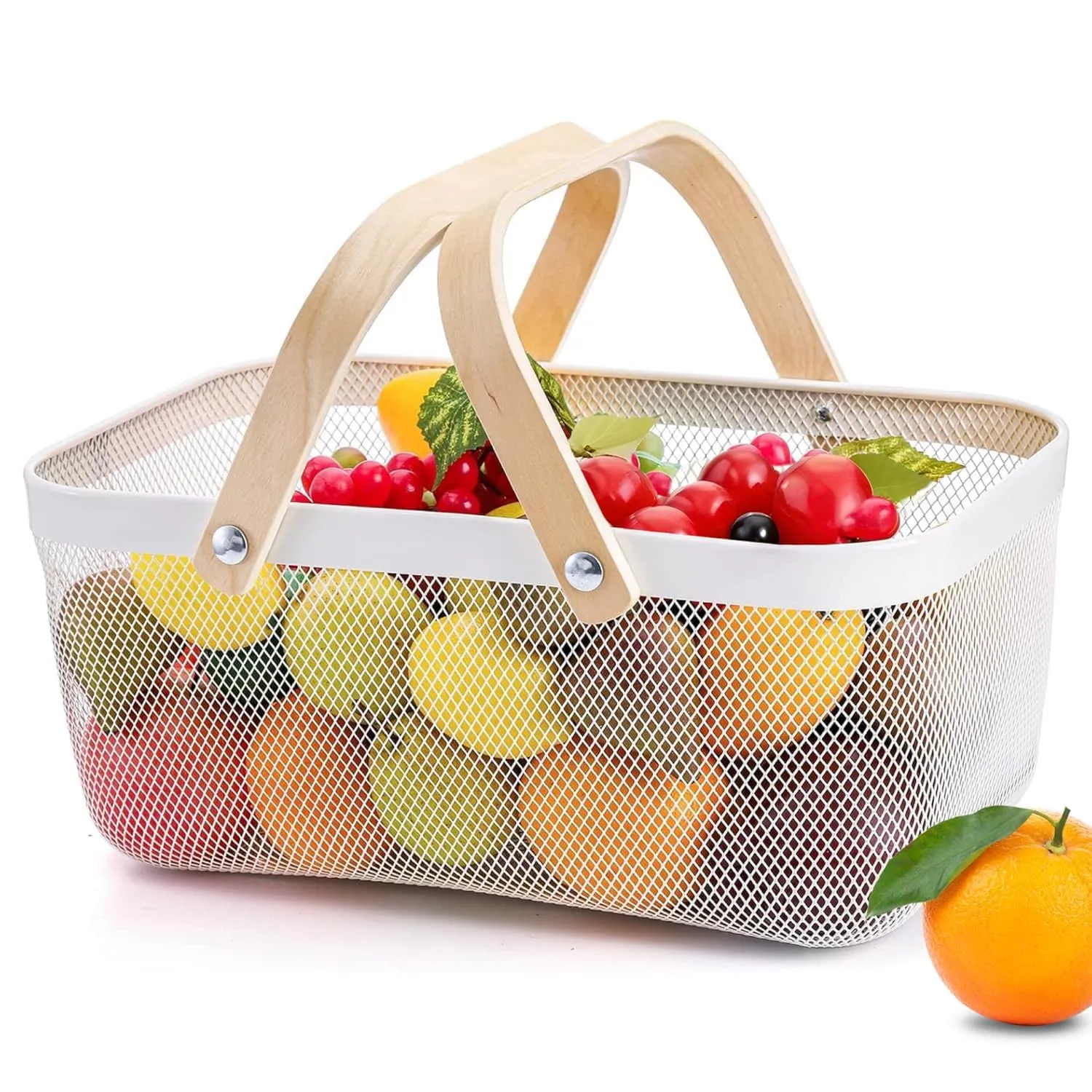 Homestic Metal Mesh Basket for Storage with wooden handle| 720gm | Fruit Basket and Vegetable Basket for Kitchen | Kitchen Organizer | Baskets for Organizing Home | White | Multipurpose |
