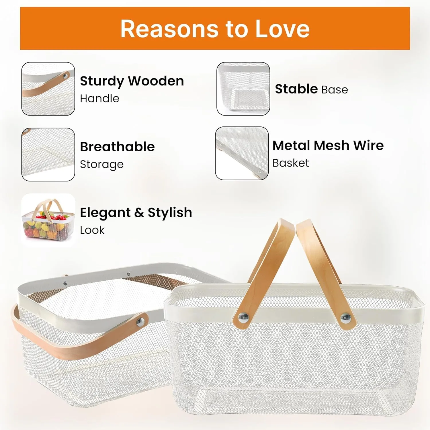 Homestic Metal Mesh Basket for Storage with wooden handle| 720gm | Fruit Basket and Vegetable Basket for Kitchen | Kitchen Organizer | Baskets for Organizing Home | White | Multipurpose |