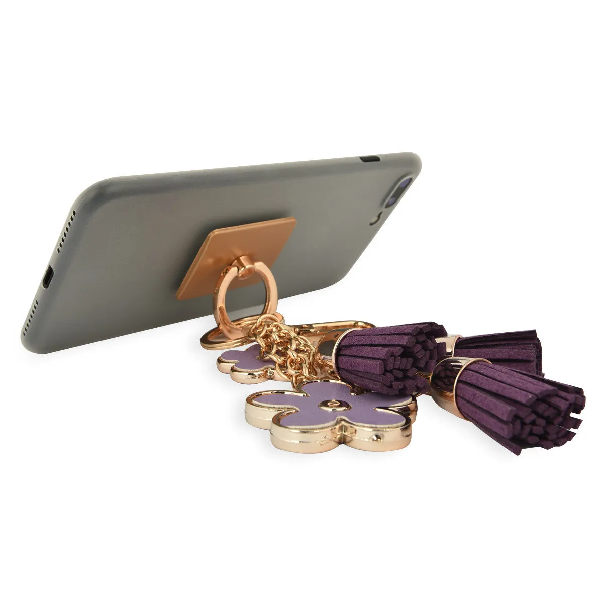 iOrigin Ring Grip/ Kick Stand   Flowers with Faux Leather Tassels Keychain for Mobile Phones & Tablets