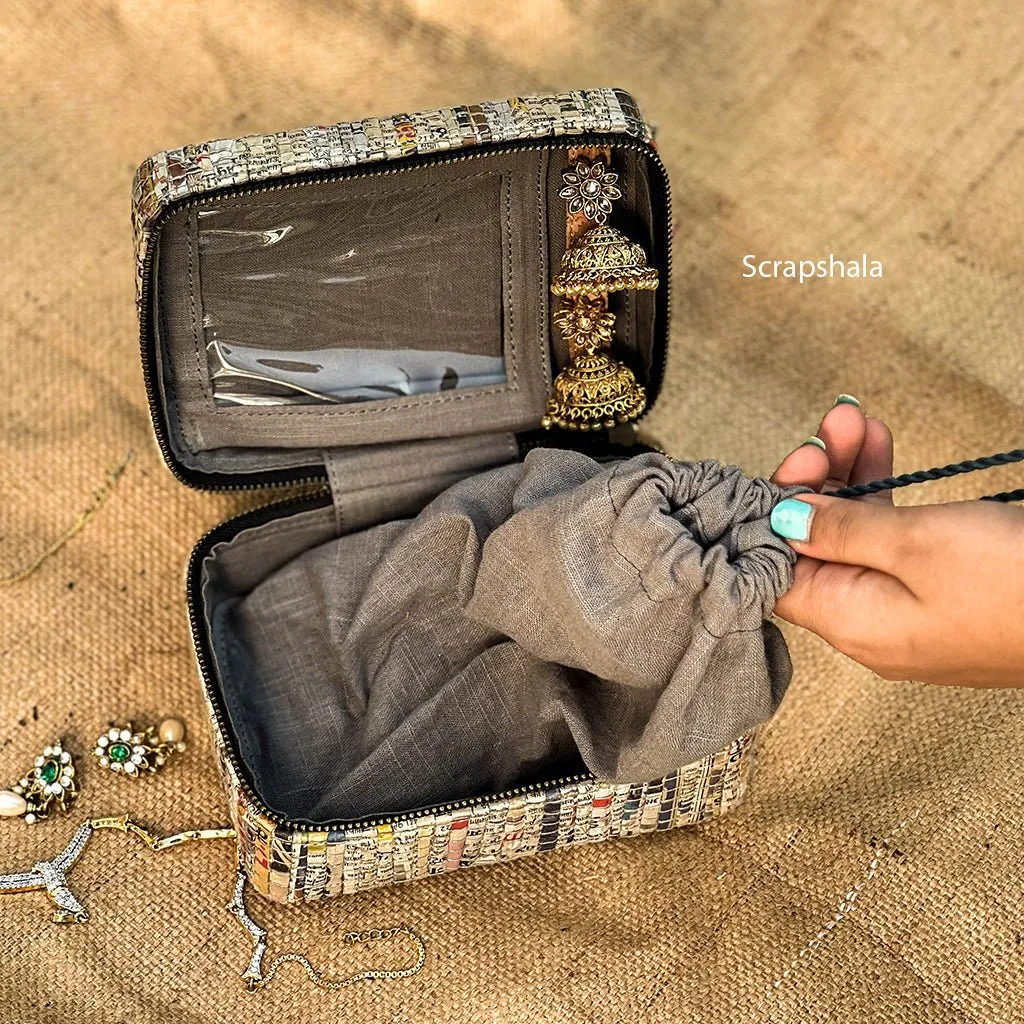 Jewellery Organizer Box | Space Saver | Metal Zipper Closer | Upcycled Newspaper | Handloom Textile