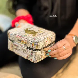 Jewellery Organizer Box | Space Saver | Metal Zipper Closer | Upcycled Newspaper | Handloom Textile