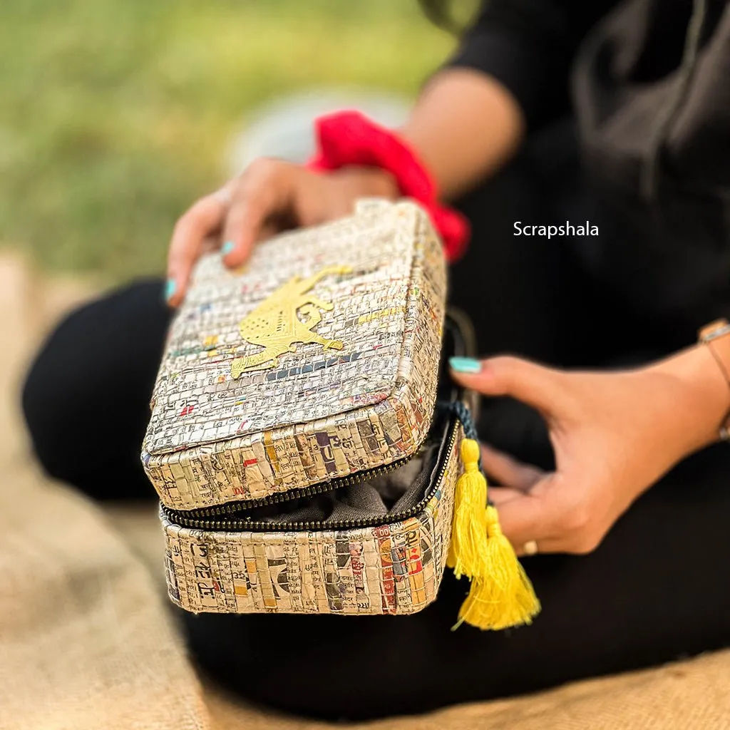 Jewellery Organizer Box | Space Saver | Metal Zipper Closer | Upcycled Newspaper | Handloom Textile