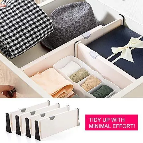 JONYJ Drawer Dividers/Organizer 4 Pack, Adjustable Separators 4" High Expandable from 11-17" for Bedroom, Bathroom, Closet, Office, Kitchen Storage, Strong Secure Hold, Foam Ends, Locks in Place