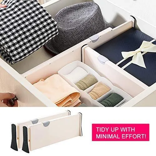 JONYJ Drawer Dividers/Organizer 4 Pack, Adjustable Separators 4" High Expandable from 11-17" for Bedroom, Bathroom, Closet, Office, Kitchen Storage, Strong Secure Hold, Foam Ends, Locks in Place
