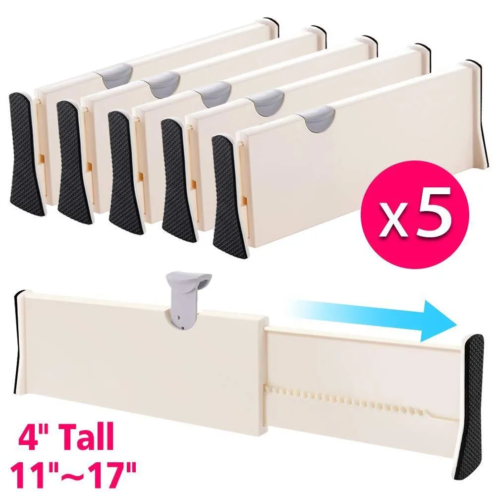 JONYJ Drawer Dividers/Organizer 4 Pack, Adjustable Separators 4" High Expandable from 11-17" for Bedroom, Bathroom, Closet, Office, Kitchen Storage, Strong Secure Hold, Foam Ends, Locks in Place
