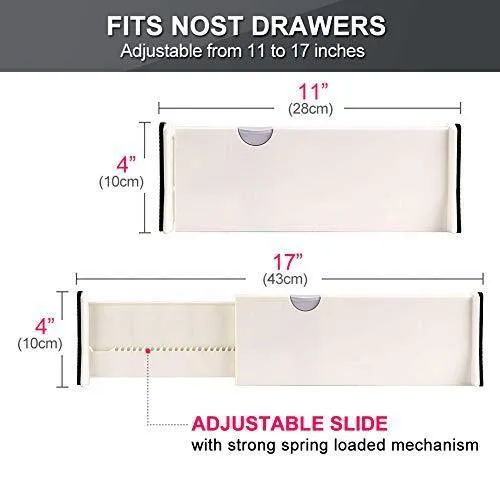 JONYJ Drawer Dividers/Organizer 4 Pack, Adjustable Separators 4" High Expandable from 11-17" for Bedroom, Bathroom, Closet, Office, Kitchen Storage, Strong Secure Hold, Foam Ends, Locks in Place