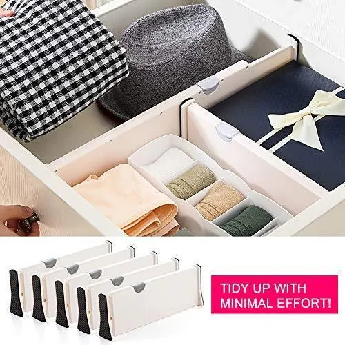 JONYJ Drawer Dividers/Organizer 4 Pack, Adjustable Separators 4" High Expandable from 11-17" for Bedroom, Bathroom, Closet, Office, Kitchen Storage, Strong Secure Hold, Foam Ends, Locks in Place