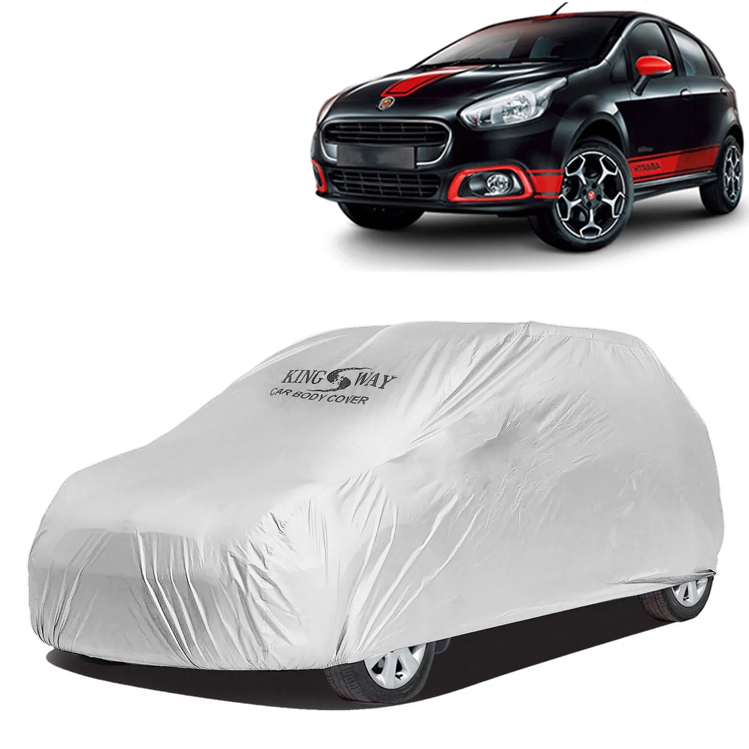 KINGSWAY® Abarth Punto Car Body Cover Dustproof for (Year 2015 to 2019) All Model, Compatible with Fiat Abarth Punto Car Cover, Comes with Bird Poop, Scratch, UV and Paint Protection, Silver Matty