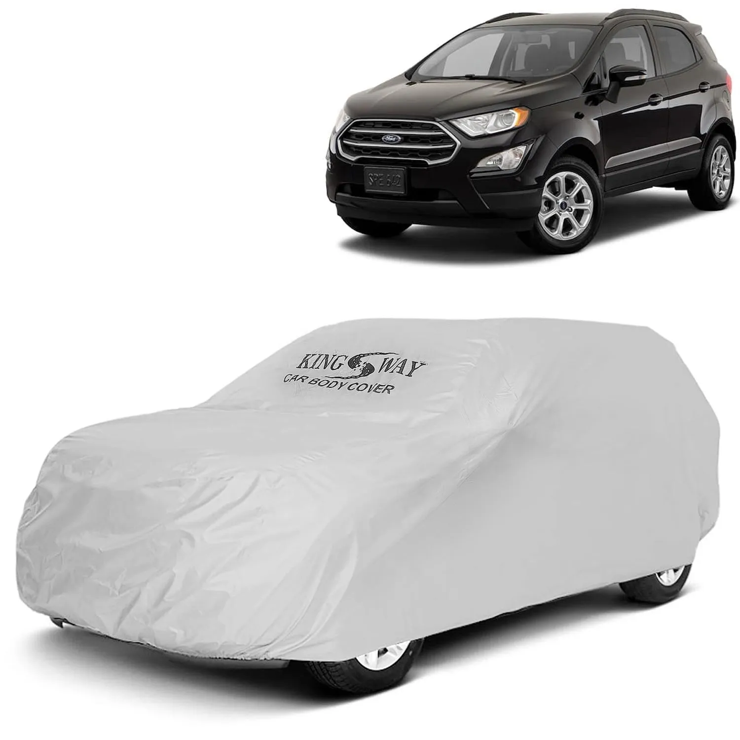 KINGSWAY® Ecosport Car Body Cover Dustproof for (Year 2017 to 2021) All Model, Compatible with Ford Ecosport Car Cover, Comes with Bird Droppings, Scratch, UV and Paint Protection, Silver Matty
