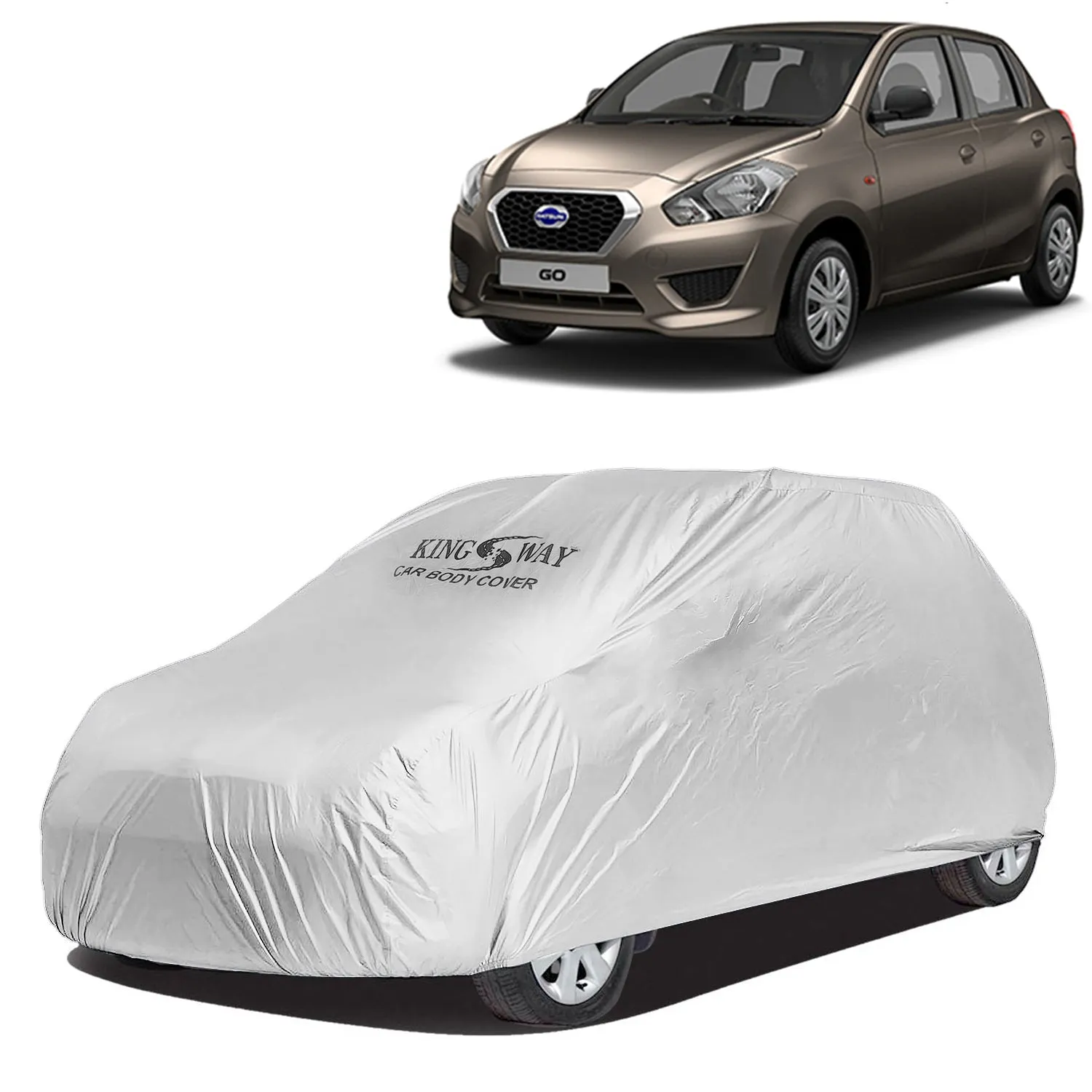 KINGSWAY® Go Car Body Cover Dustproof for (Year 2014 to 2020) All Model, Compatible with Datsun Go Car Cover, Comes with Bird Droppings, Scratch, UV and Paint Protection, Silver Matty