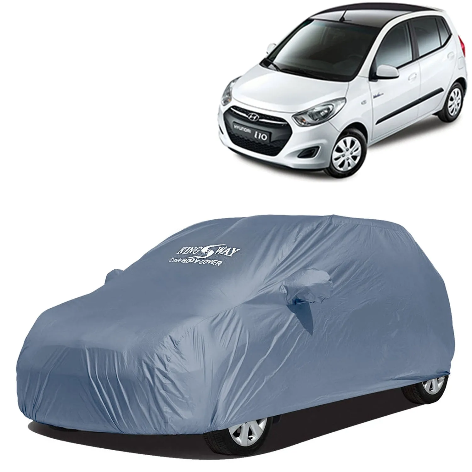 KINGSWAY® I10 Car Body Cover Dustproof with Mirror Pockets for (Year 2010 to 2013), Compatible with Hyundai I10 Car Cover, Comes with Bird Poop, Scratch, UV and Paint Protection, Grey Matty
