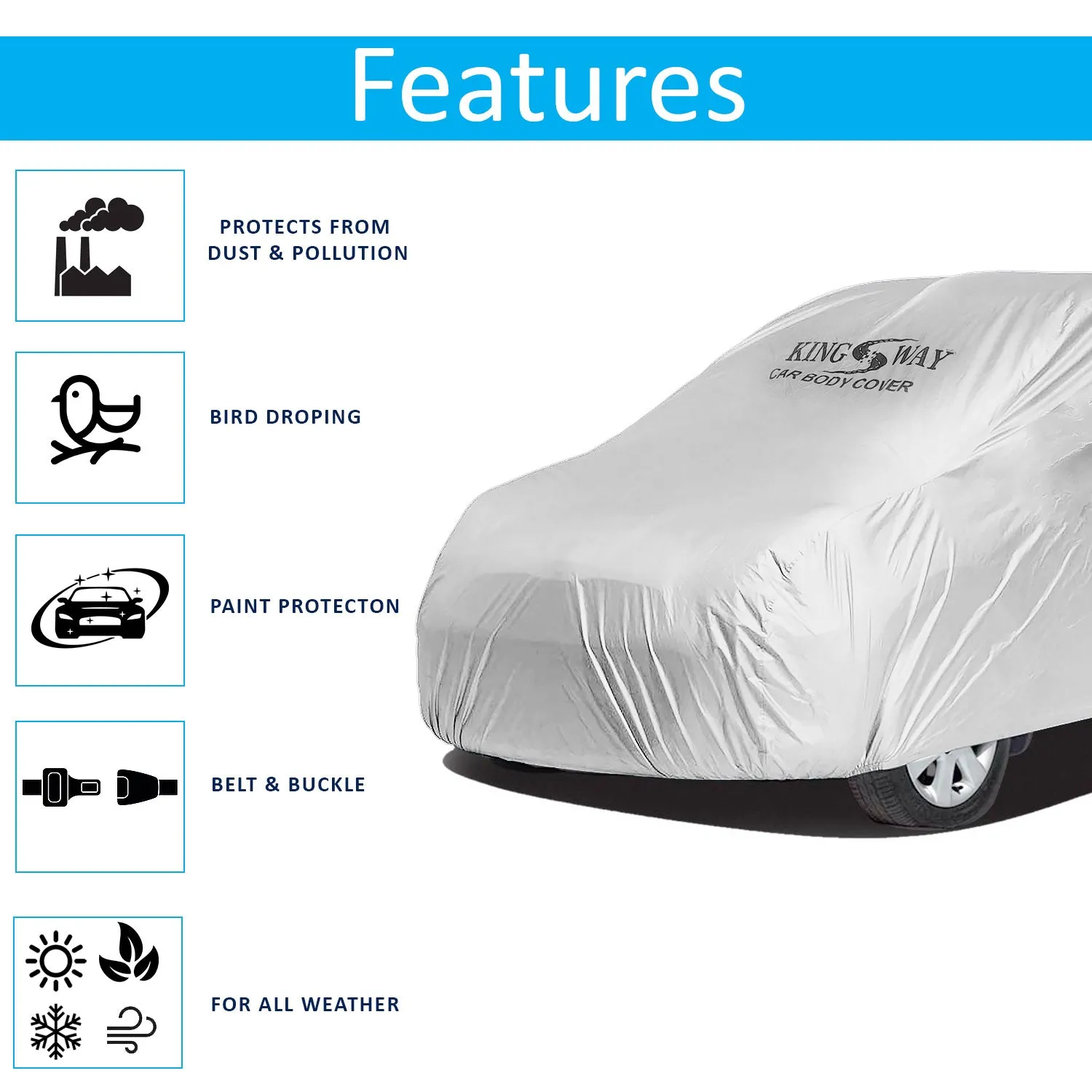 KINGSWAY® Sail UVA Car Body Cover Dustproof for (Year 2012 to 2017) All Model, Compatible with Chevrolet Sail UVA Car Cover, Comes with Bird Droppings, Scratch, UV and Paint Protection, Silver Matty