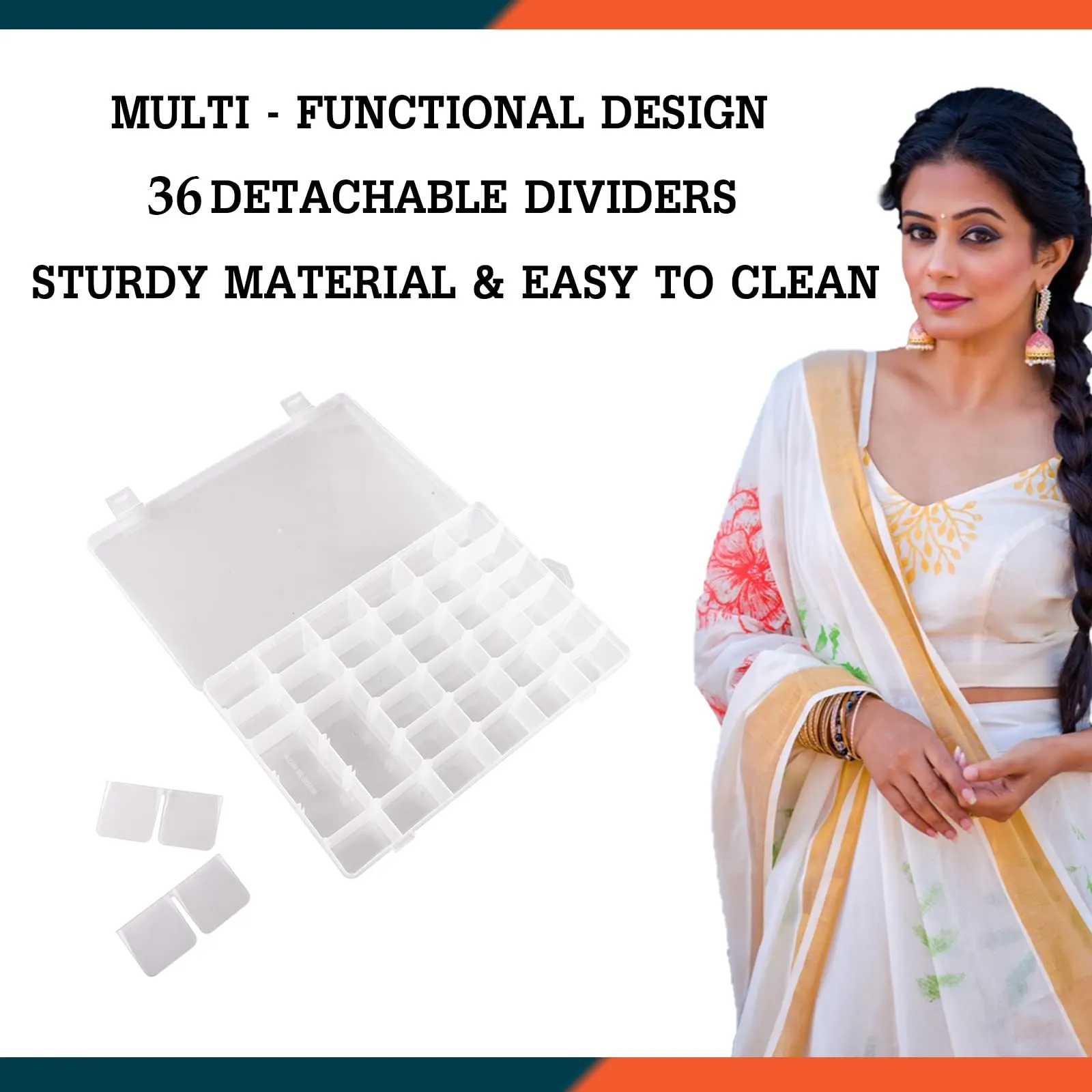 Kuber Industries Beads Storage Box|36 Slots Plastic Adjustable Dividers Storage Organizer for Glitters|Thread Reels|Medicine Pills (Transparent)