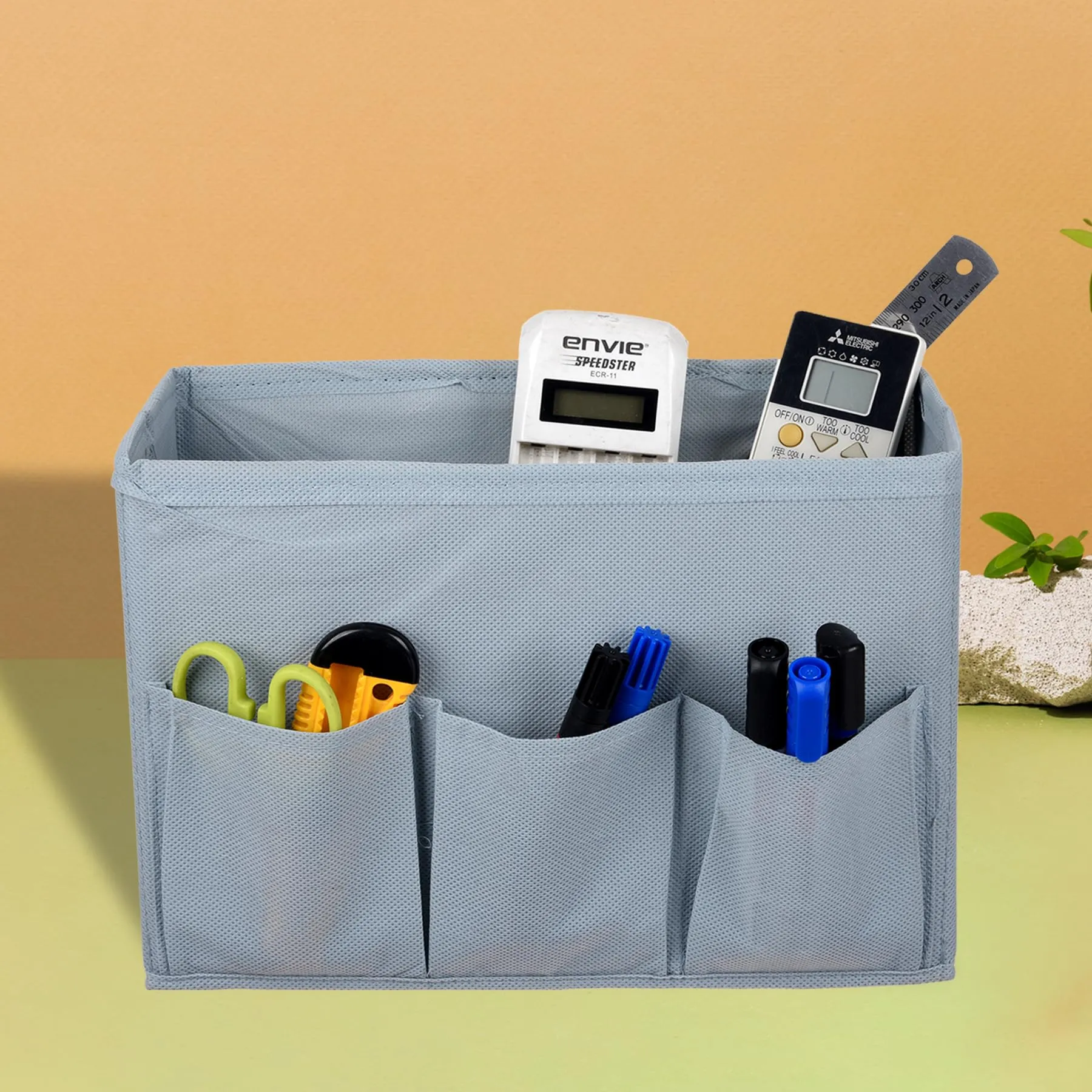 Kuber Industries Stationary Box | Non-Woven Files Organizer for Office | Desk Organizer | Stationary Organizer for Kids Room with 3 Compartment | Plain Storage Box | Small | Gray