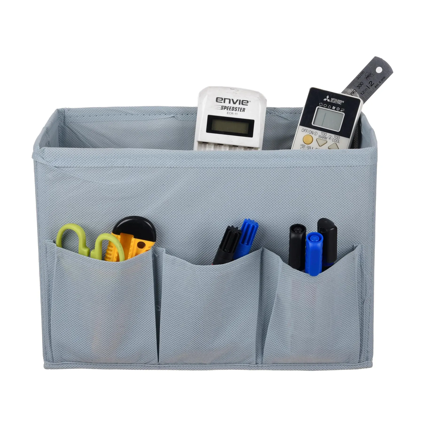 Kuber Industries Stationary Box | Non-Woven Files Organizer for Office | Desk Organizer | Stationary Organizer for Kids Room with 3 Compartment | Plain Storage Box | Small | Gray