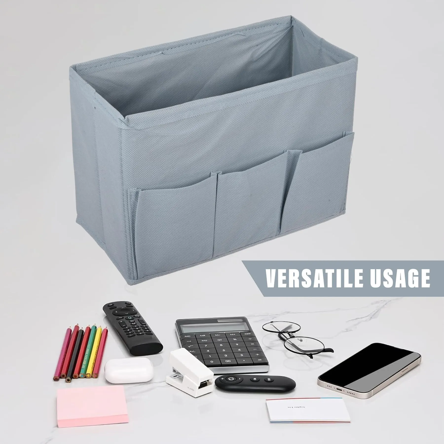 Kuber Industries Stationary Box | Non-Woven Files Organizer for Office | Desk Organizer | Stationary Organizer for Kids Room with 3 Compartment | Plain Storage Box | Small | Gray