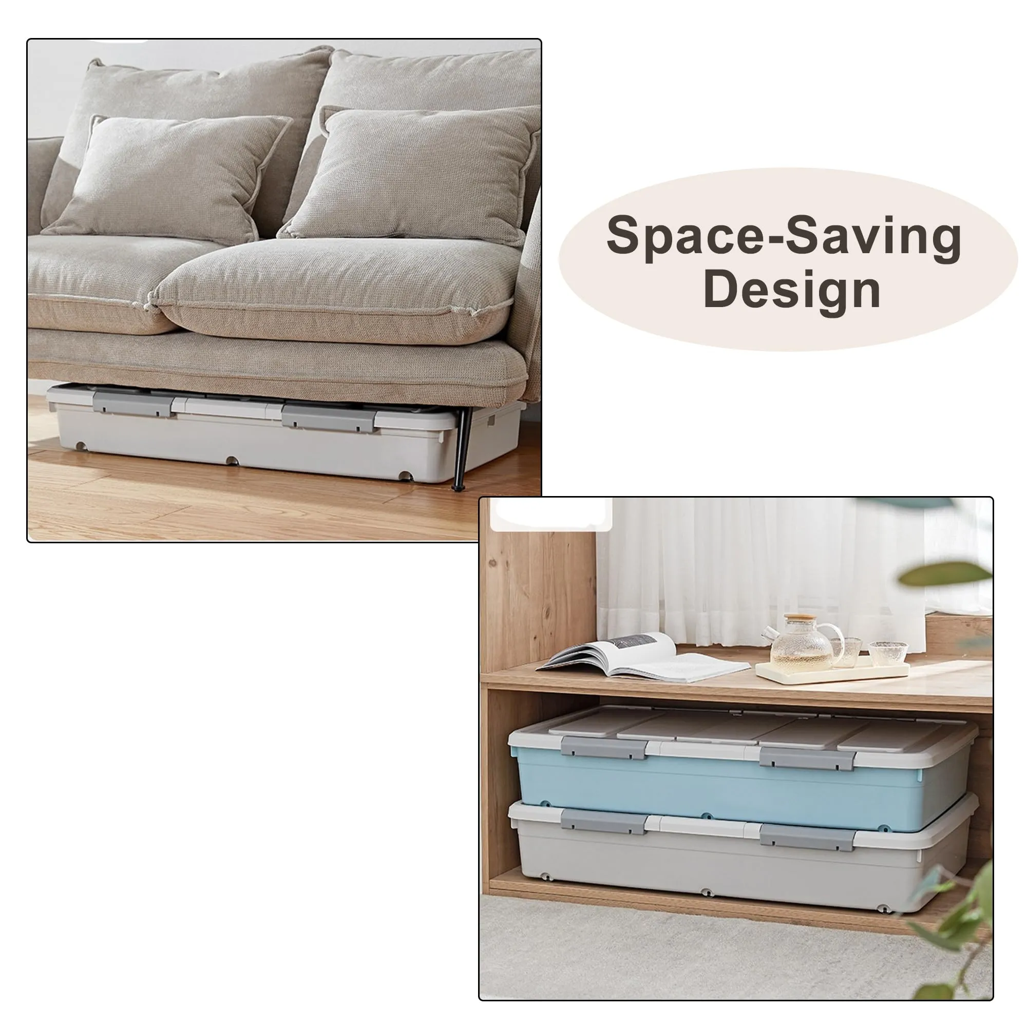 Kuber Industries Underbed Storage Box | Storage Box with Double Open Lid and Wheels | Multipurpose Dustproof & Stackable Storage Box | YN156 | Gray & White