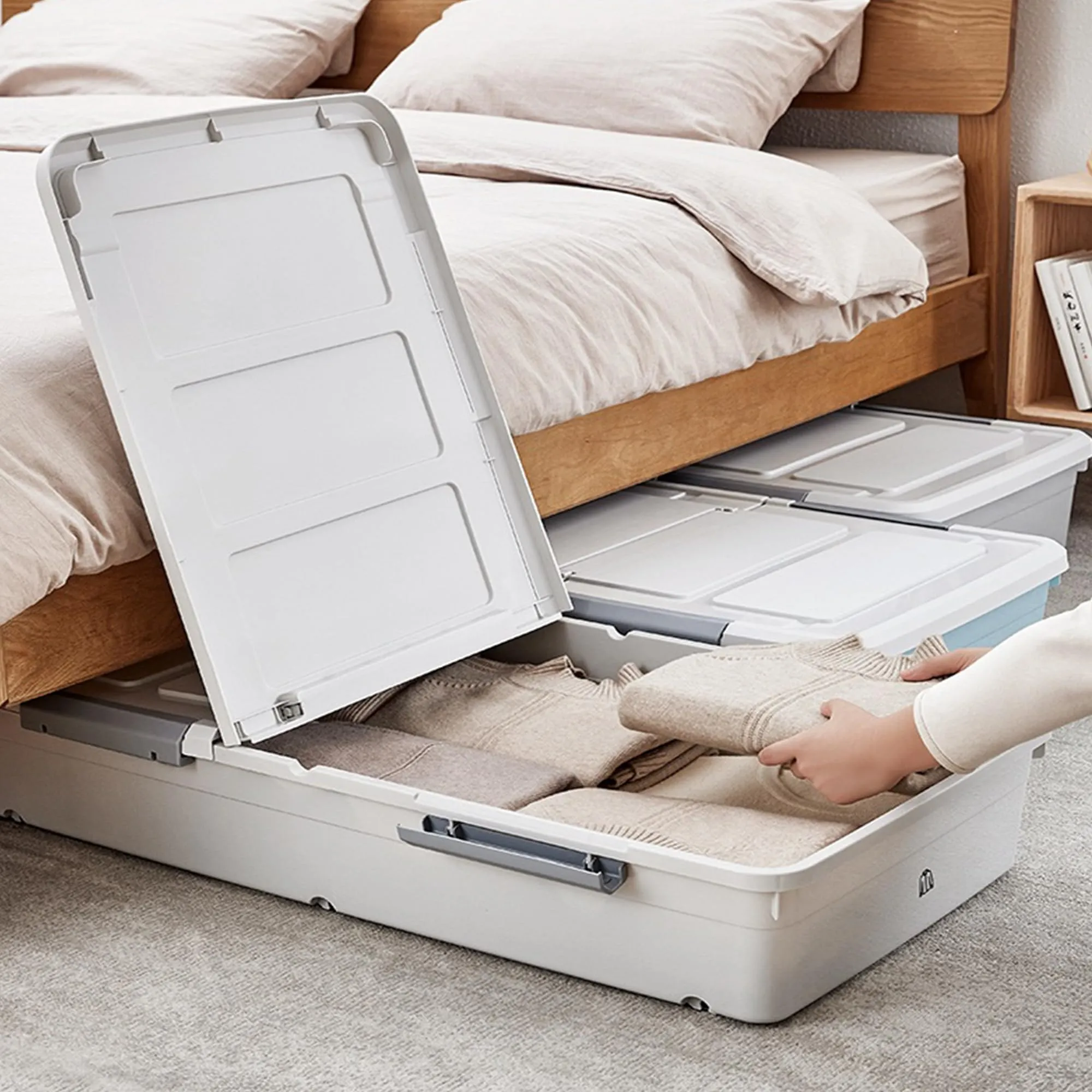 Kuber Industries Underbed Storage Box | Storage Box with Double Open Lid and Wheels | Multipurpose Dustproof & Stackable Storage Box | YN156 | Gray & White
