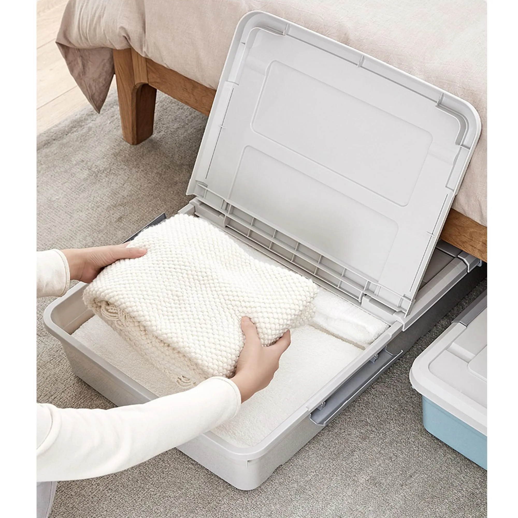 Kuber Industries Underbed Storage Box | Storage Box with Double Open Lid and Wheels | Multipurpose Dustproof & Stackable Storage Box | YN156 | Gray & White