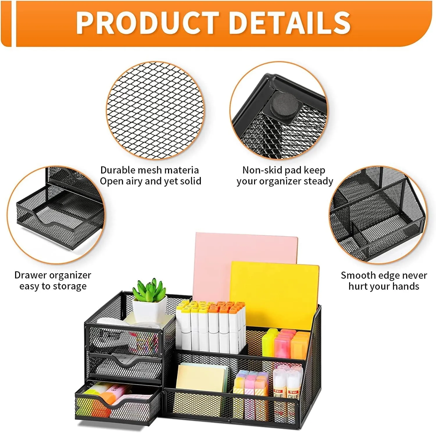 Larger Mesh Desk Organizer with Drawers, Multifunctional Desk Organizers and Accessories with  Drawer, Office Desktop Organization for School Supplies