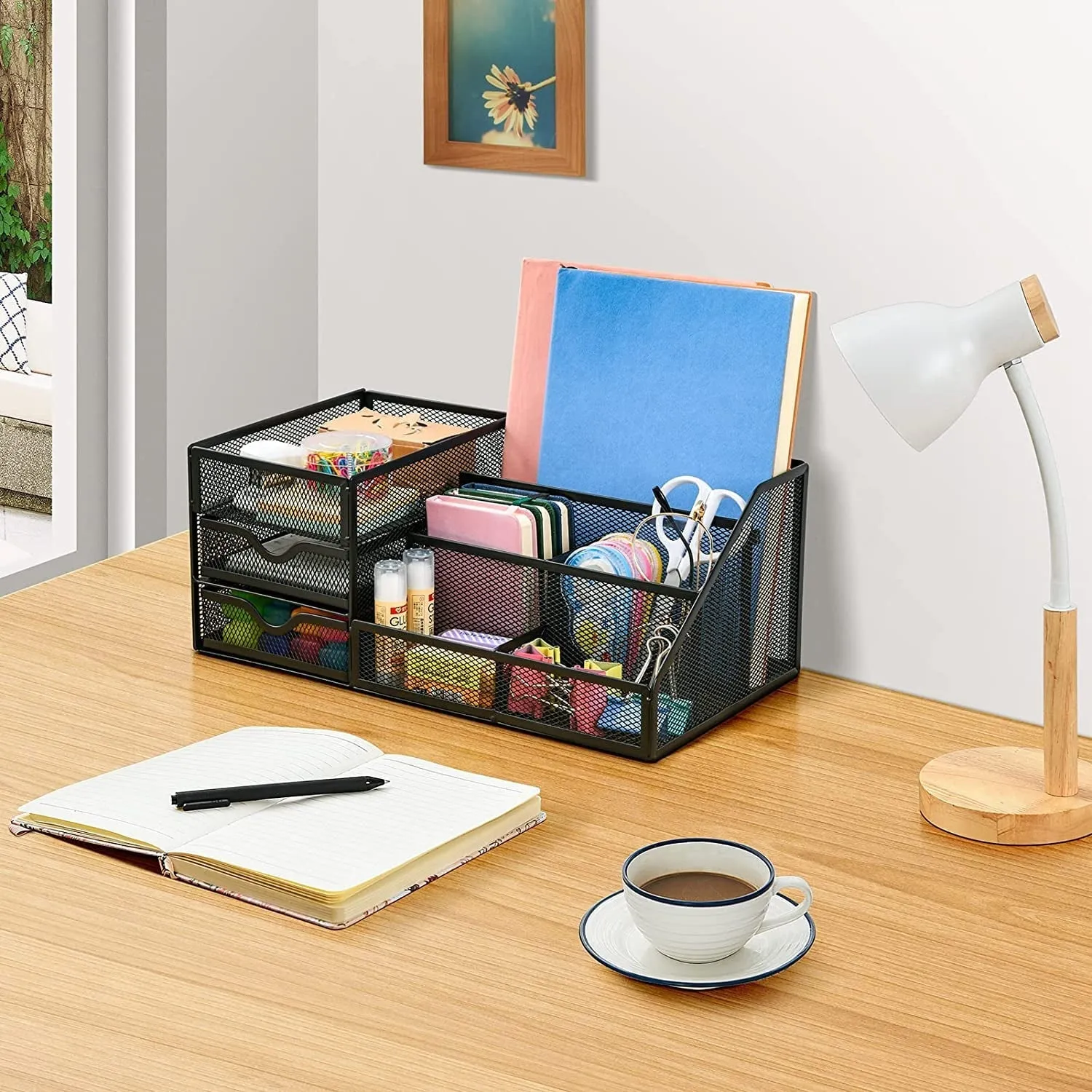 Larger Mesh Desk Organizer with Drawers, Multifunctional Desk Organizers and Accessories with  Drawer, Office Desktop Organization for School Supplies