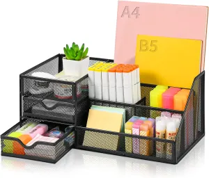 Larger Mesh Desk Organizer with Drawers, Multifunctional Desk Organizers and Accessories with  Drawer, Office Desktop Organization for School Supplies