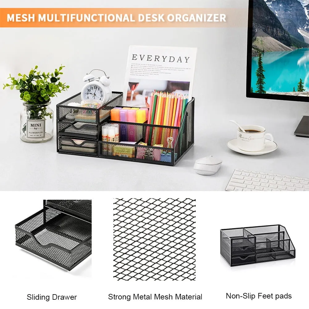 Larger Mesh Desk Organizer with Drawers, Multifunctional Desk Organizers and Accessories with  Drawer, Office Desktop Organization for School Supplies