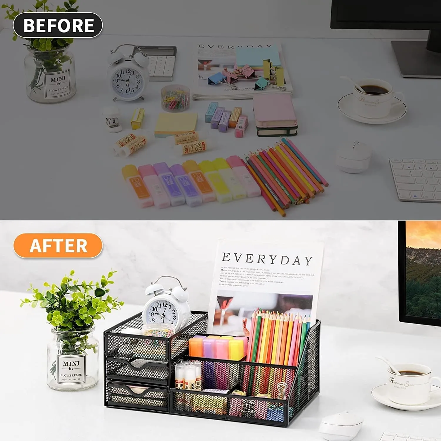 Larger Mesh Desk Organizer with Drawers, Multifunctional Desk Organizers and Accessories with  Drawer, Office Desktop Organization for School Supplies