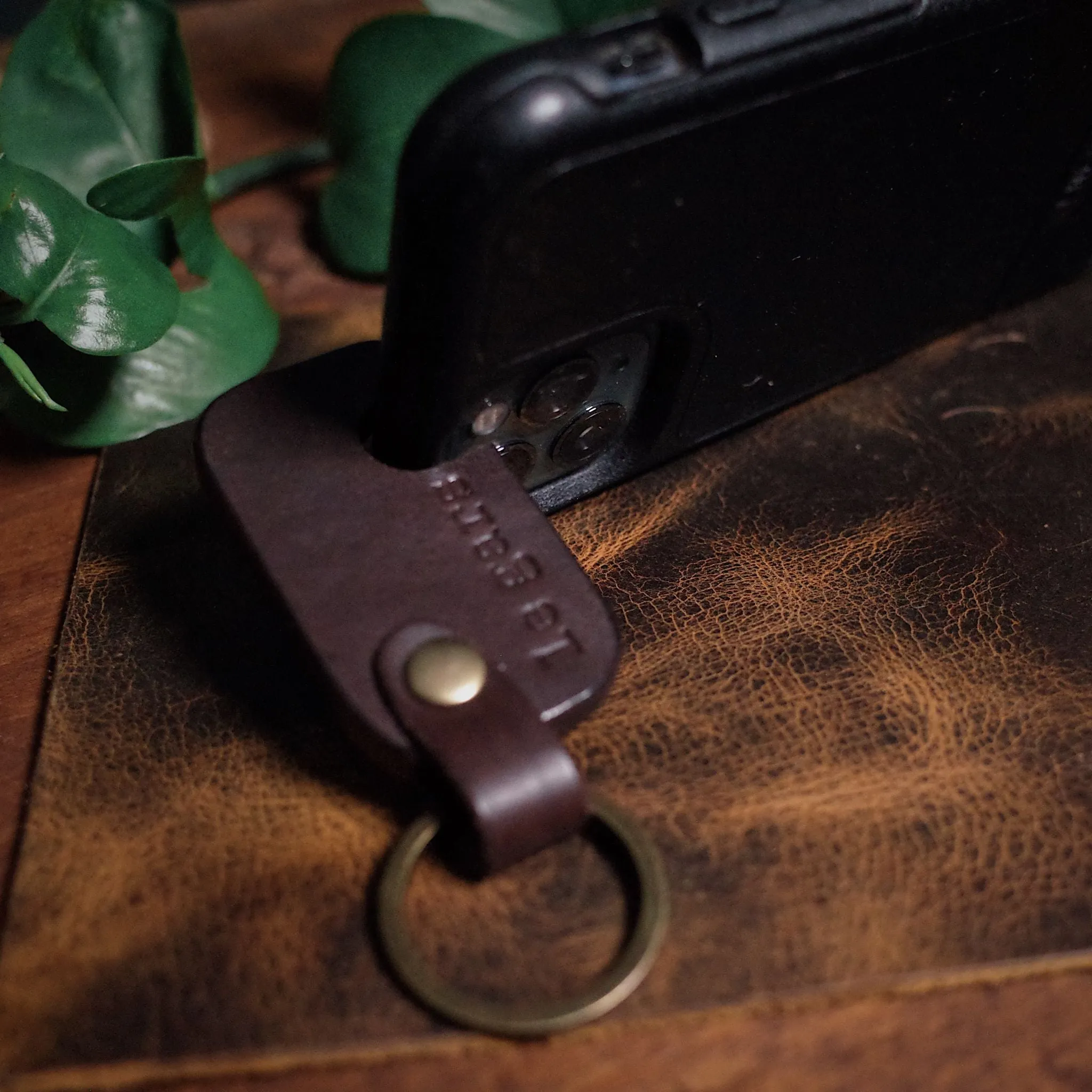 Leather Keychain Phone Holder – Dark Brown Edition