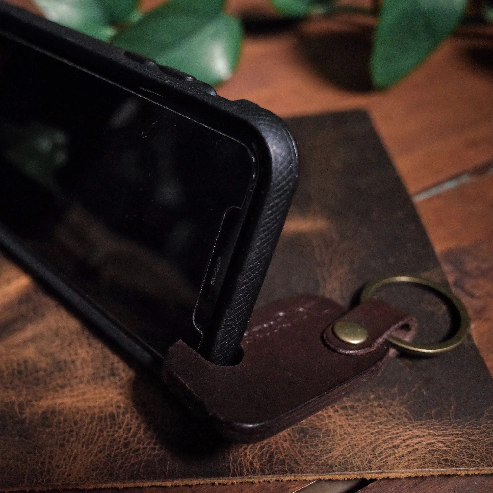 Leather Keychain Phone Holder – Dark Brown Edition