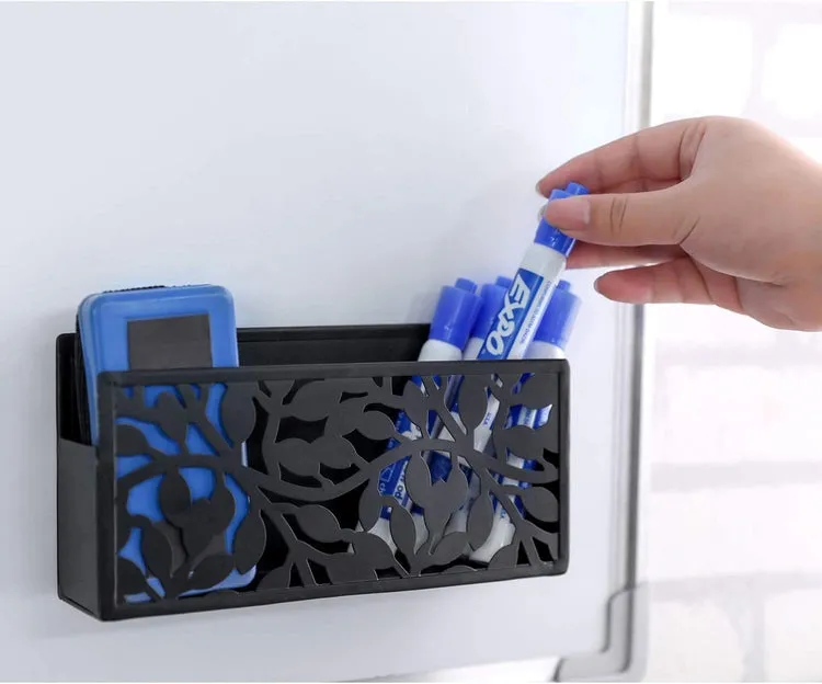 Magnetic Floral Pattern Black Metal Dry Erase Whiteboard Marker Holder Supplies Basket Organizer