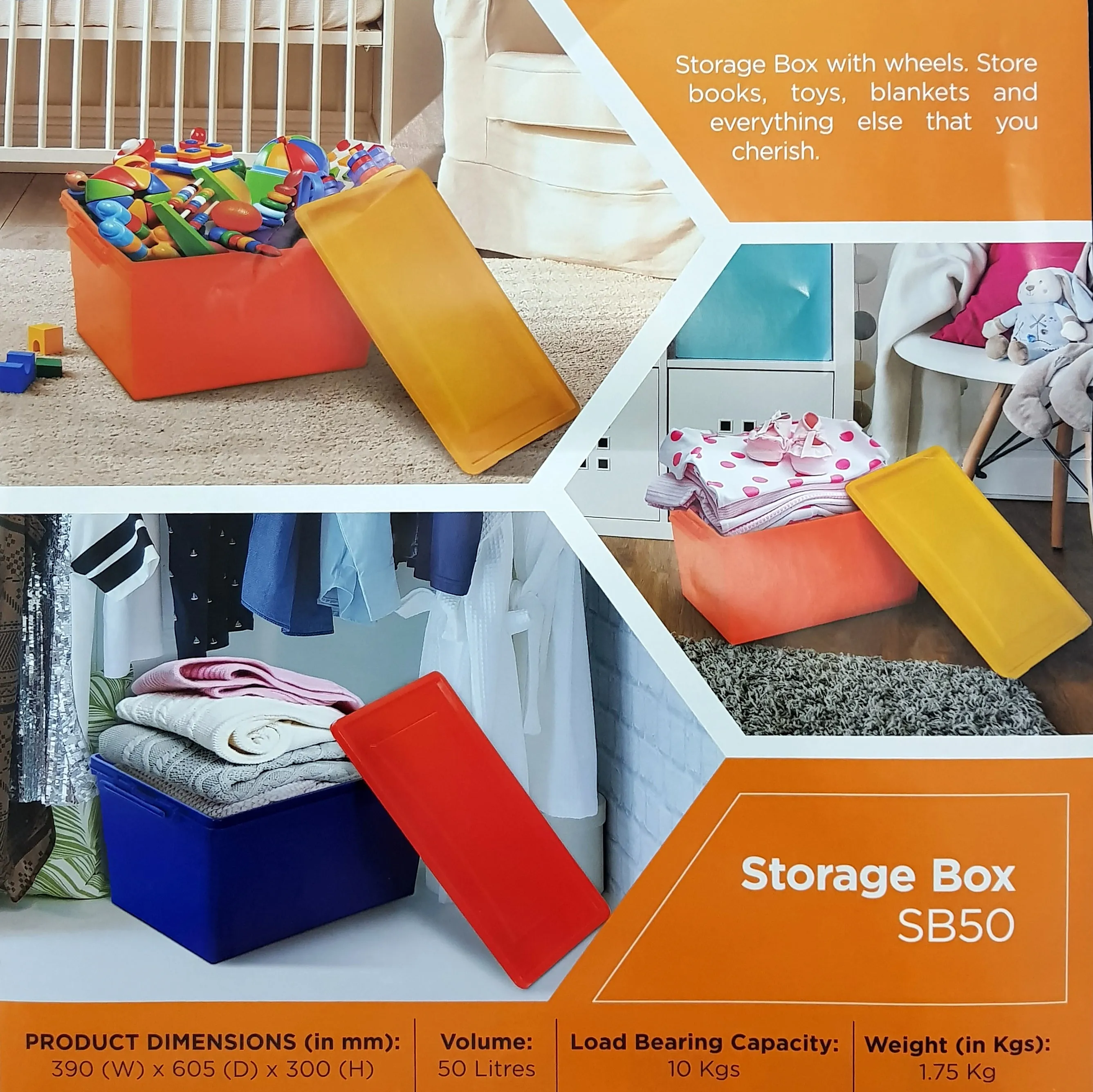 Nilkamal Stackable Storage Box 50 Ltr with Wheels (Orange-Yellow)