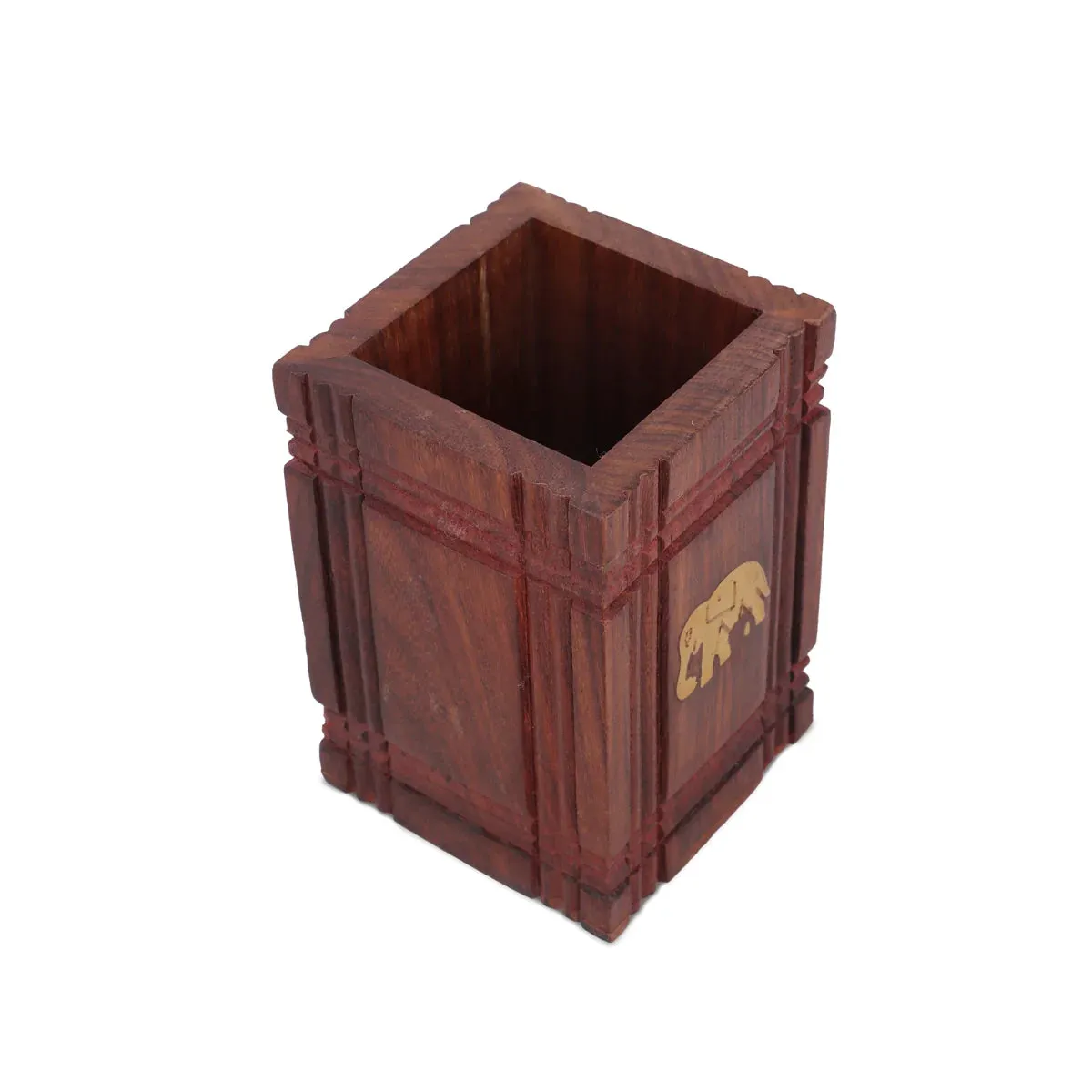 Pen Jar with Elephant Inlaid - 4 x 3 Inches | Wooden Pen Stand/ Pen Holder