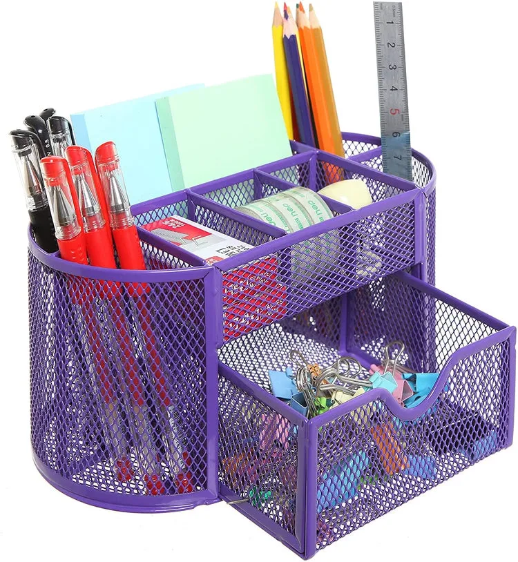 Purple Metal Wire, 8 Compartment Office Organizer, School Supply Caddy with Drawer