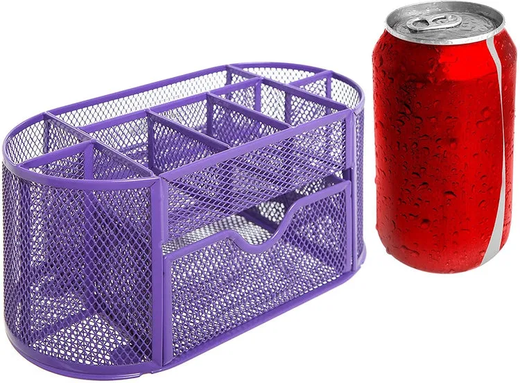 Purple Metal Wire, 8 Compartment Office Organizer, School Supply Caddy with Drawer