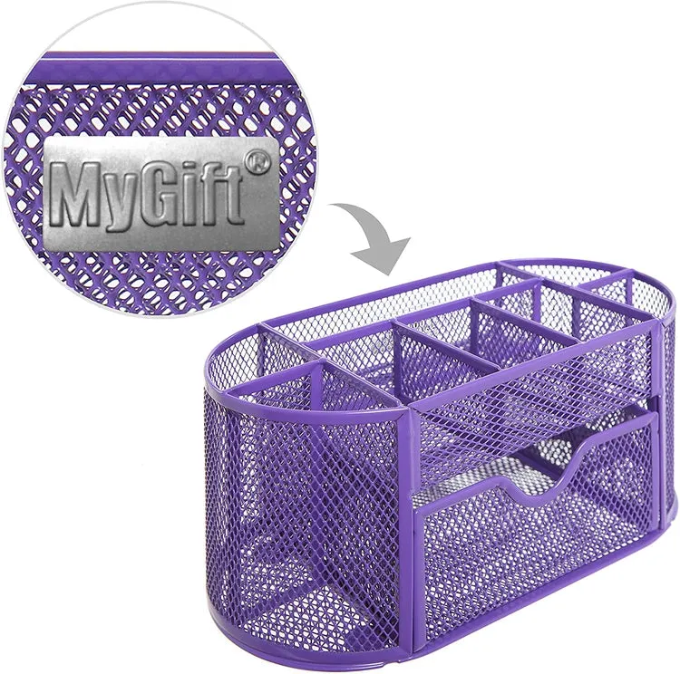 Purple Metal Wire, 8 Compartment Office Organizer, School Supply Caddy with Drawer