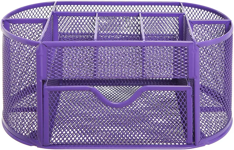 Purple Metal Wire, 8 Compartment Office Organizer, School Supply Caddy with Drawer