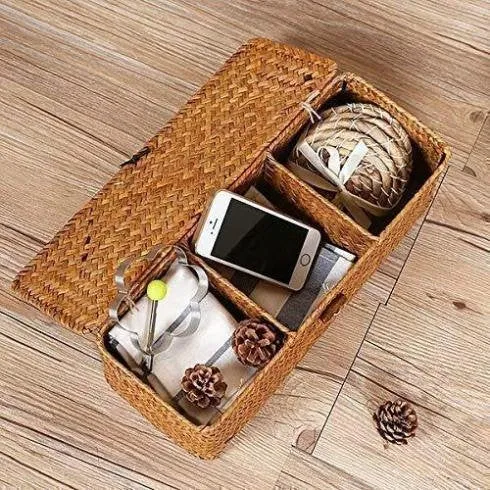 Rattan Storage Box With Divider - Wicker Storage Tray - Woven basket - Handmade Organizer Basket - Cosmetics Desk Organizer - Home Decor