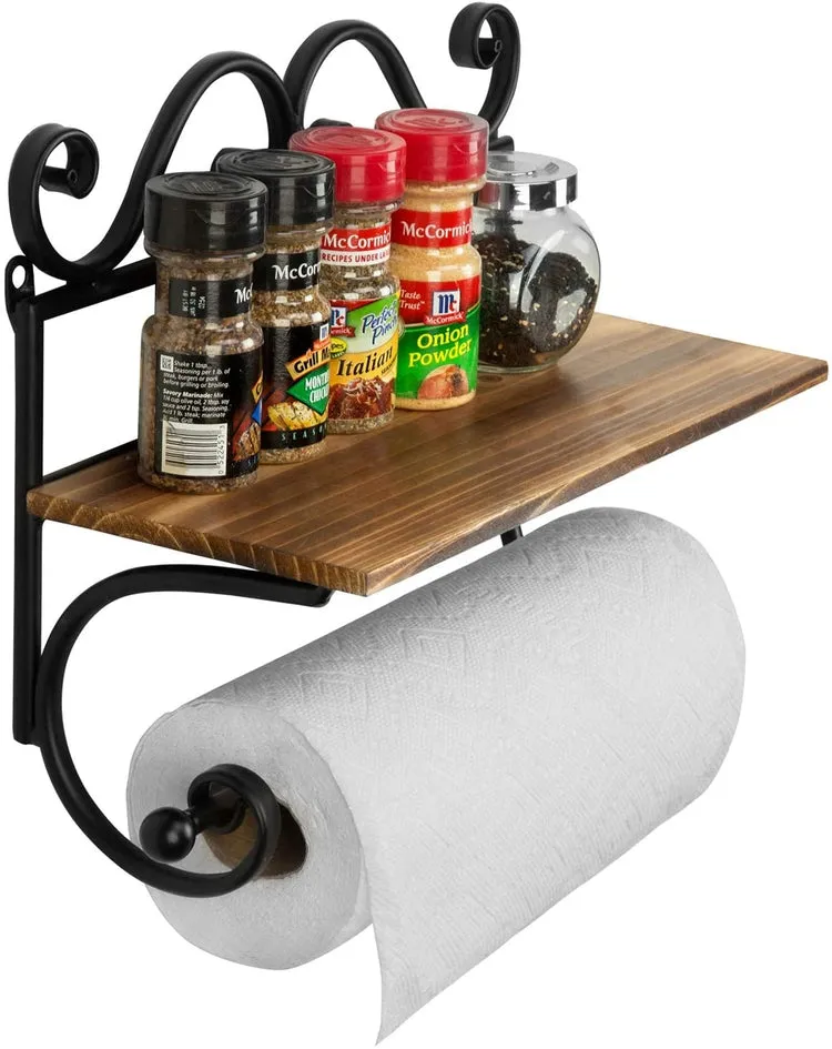 Rustic Burnt Wood Storage Shelf with Black Metal Scrollwork Design & Paper Towel Roll Holder