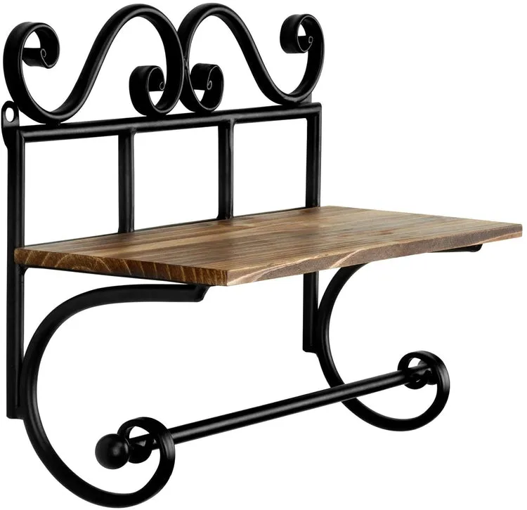 Rustic Burnt Wood Storage Shelf with Black Metal Scrollwork Design & Paper Towel Roll Holder