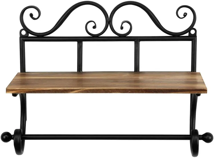 Rustic Burnt Wood Storage Shelf with Black Metal Scrollwork Design & Paper Towel Roll Holder