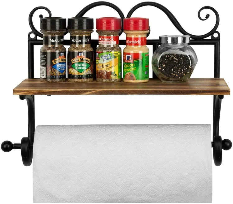 Rustic Burnt Wood Storage Shelf with Black Metal Scrollwork Design & Paper Towel Roll Holder