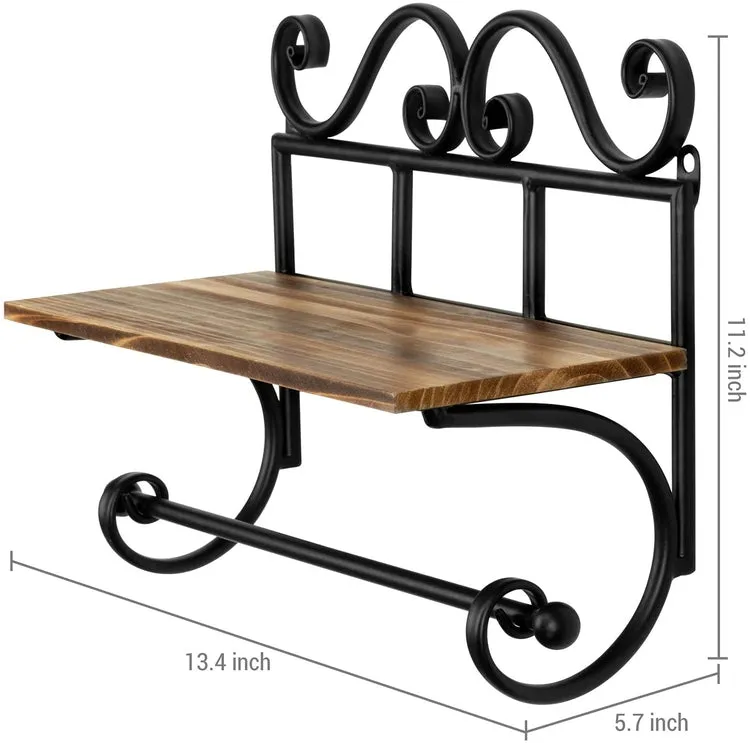 Rustic Burnt Wood Storage Shelf with Black Metal Scrollwork Design & Paper Towel Roll Holder