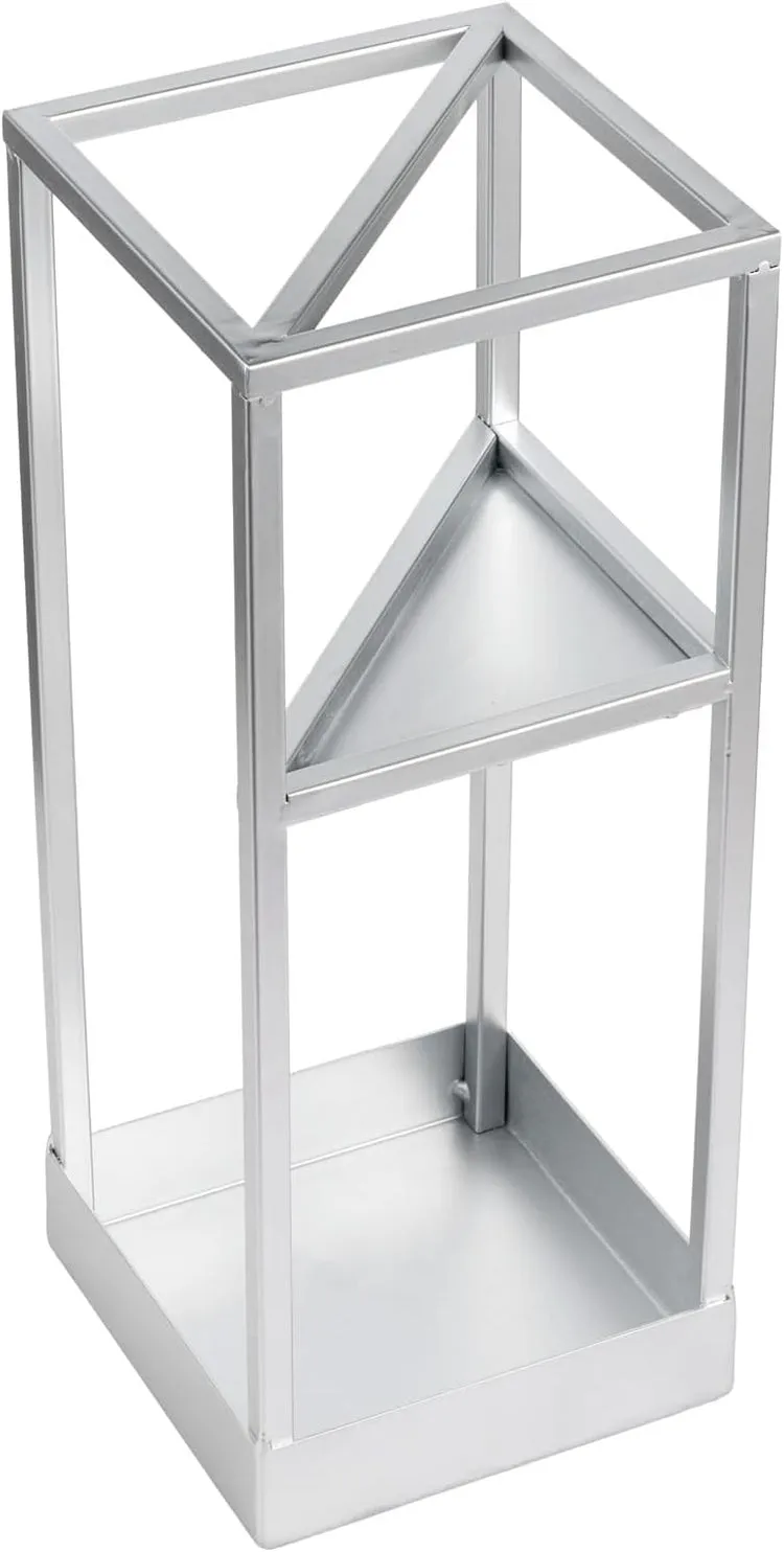 Silver Tone Metal Geometric Freestanding Umbrella Rack or Cane Holder with Shelf for Small Umbrellas and Drip Tray