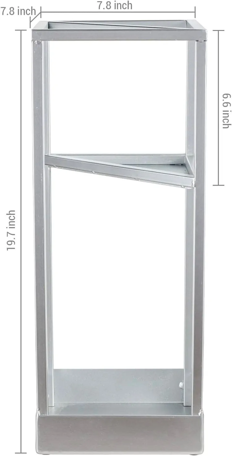 Silver Tone Metal Geometric Freestanding Umbrella Rack or Cane Holder with Shelf for Small Umbrellas and Drip Tray