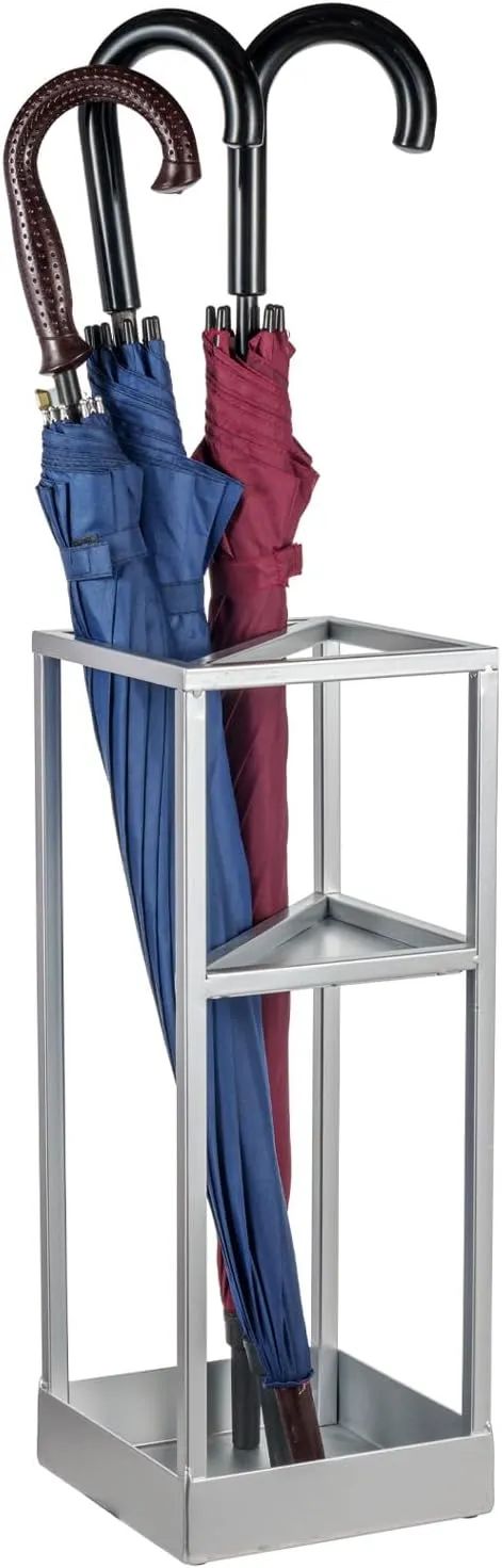 Silver Tone Metal Geometric Freestanding Umbrella Rack or Cane Holder with Shelf for Small Umbrellas and Drip Tray