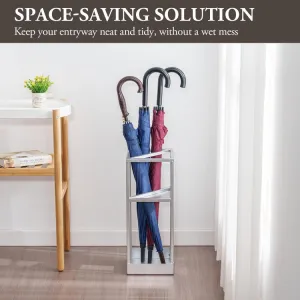 Silver Tone Metal Geometric Freestanding Umbrella Rack or Cane Holder with Shelf for Small Umbrellas and Drip Tray