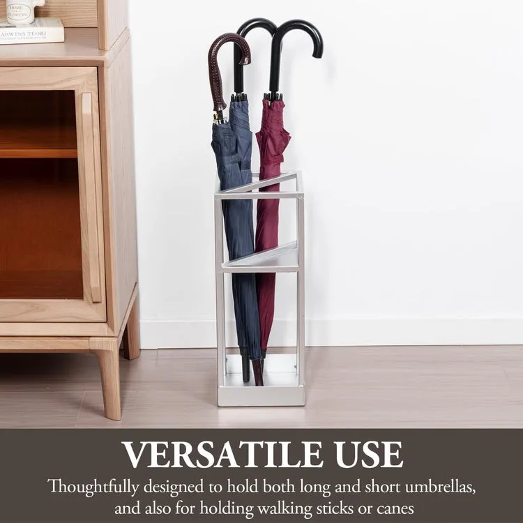 Silver Tone Metal Geometric Freestanding Umbrella Rack or Cane Holder with Shelf for Small Umbrellas and Drip Tray